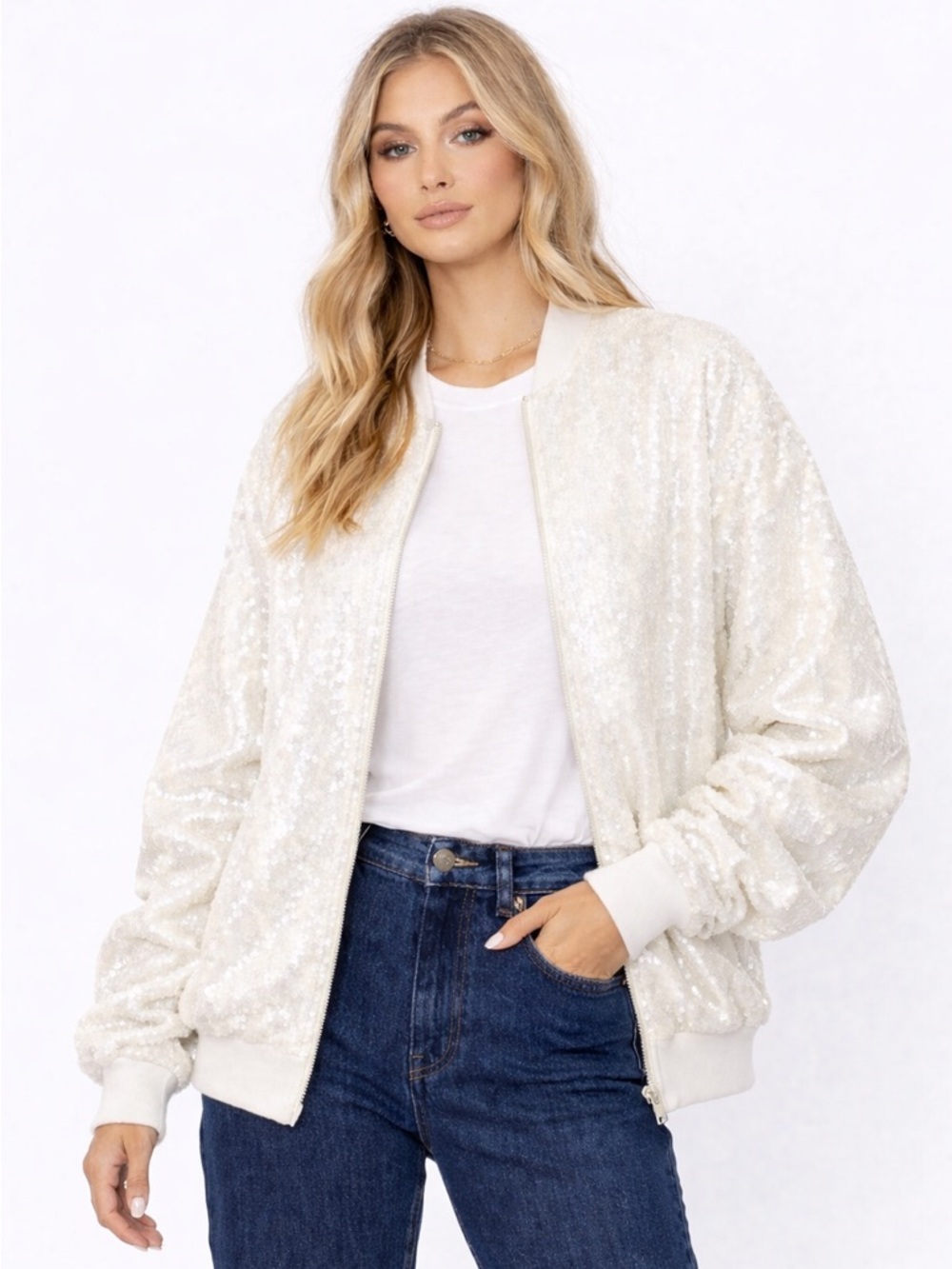 ZARA NEW WOMAN SEQUIN BOMBER JACKET CREAM SIZE MEDIUM, NEW WITH TAGS